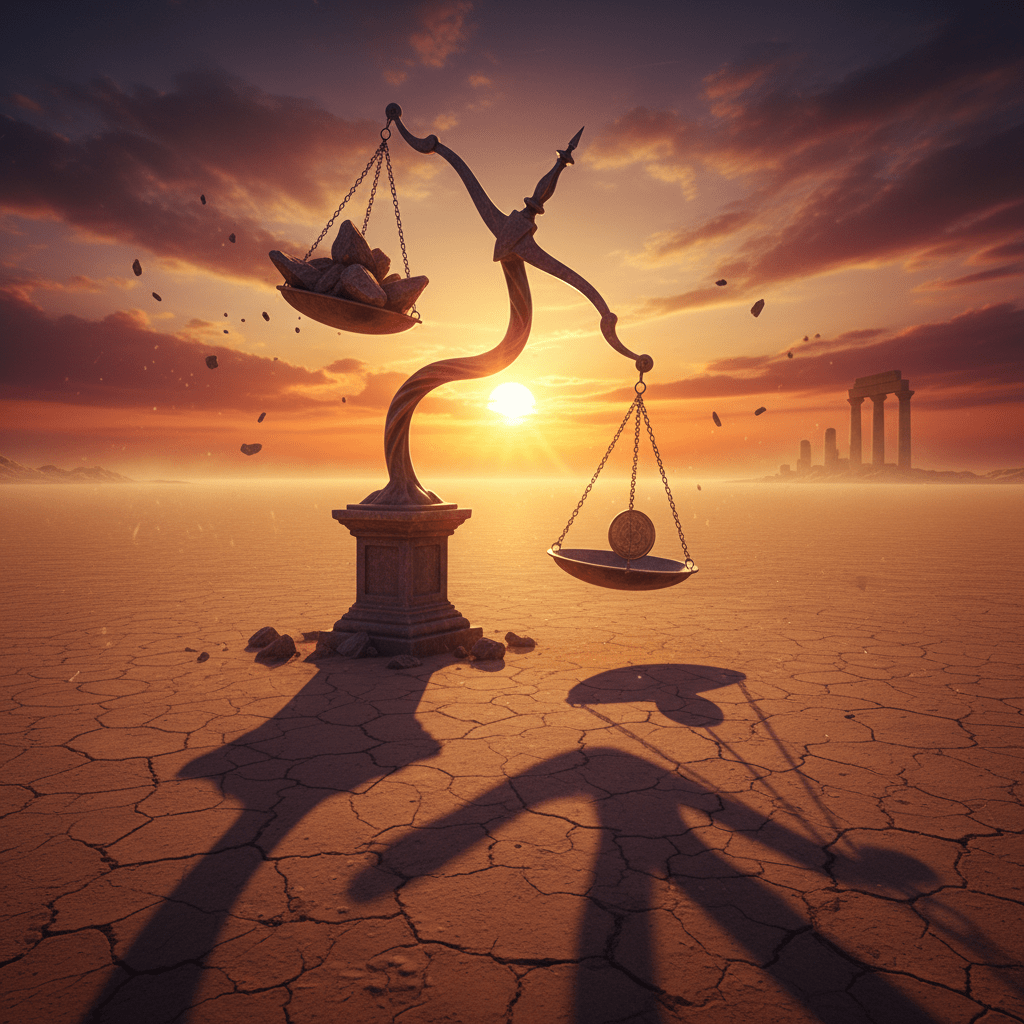 Ornate scales in a desert sunset showing a single gold coin outweighing several stones.