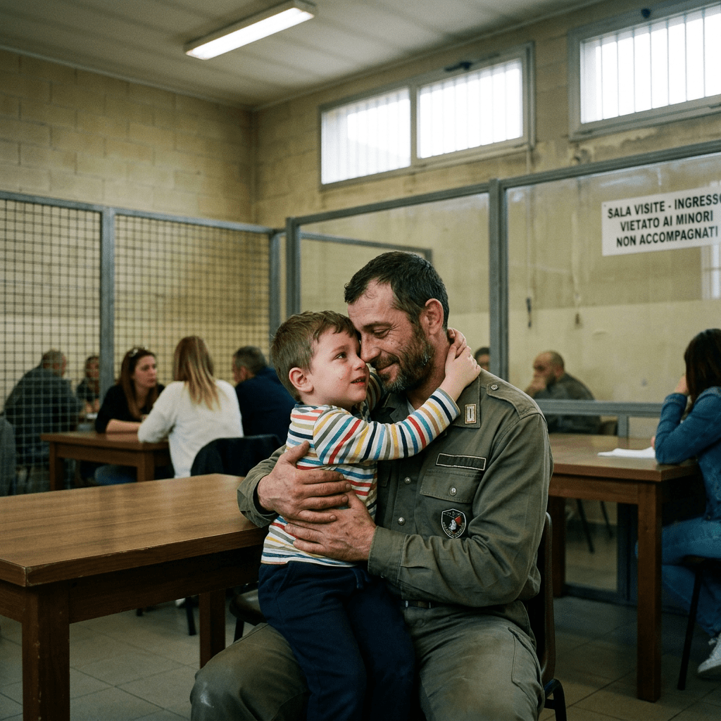 Father in military-style clothing hugging young son in visiting area